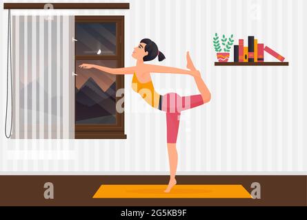 Home yoga pilates, fille s'exerçant sur le tapis de yoga illustration vectorielle. Dessin animé jeune femme sportive caractère s'étirant corps, faisant des exercices de sport dans l'intérieur de la chambre, bien-être sain style de vie fond Illustration de Vecteur