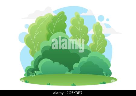 Illustration vectorielle de paysage de forêt verte d'été ou de parc naturel. Dessin animé herbe verte lumineuse dans le champ de prairie ou la pelouse, arbres naturels et buissons dans le paysage de parc l'été isolé sur blanc Illustration de Vecteur