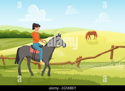 Les gens font du cheval en été rural ranch paysage illustration vectorielle. Dessin animé jeune femme jockey cavalier personnage équitation animal domestique sur le champ de ferme vert, équitation estival Illustration de Vecteur