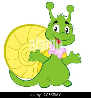 Mignon et dessin animé escargot souriant isolé sur fond blanc. Illustration de Vecteur