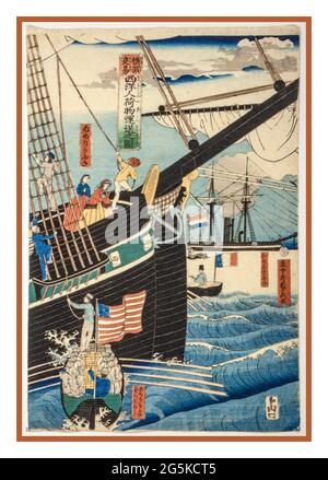 Sadahide Utagawa 1807-1873 artiste Vintage Archive «commerçants occidentaux à Yokohama transportant des marchandises et des occidentaux» (Yokohama k eki seiy jin nimotsu uns no) navires américains et français dans un port transportant des marchandises et des passagers. Sadahide, Utagawa 1807-1873, artiste Japon : Yamaguchiya T'BEI, 1861. - navires--Japon--Yokohama--1860-1870 - expédition--Japon--Yokohama--1860-1870 - non-citoyens--Japon--1860-1870 coupes de bois couleur japonaise 1860-1870. Banque D'Images