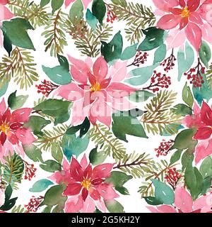 Motif de Noël aquarelle sans couture avec poinsettia, épinette et baies rouges Banque D'Images