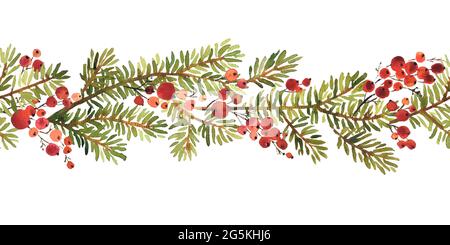 Aquarelle motif horizontal sans couture arangement de l'épinette et des baies saintes pour la décoration de Noël Banque D'Images