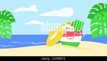 Bannière horizontale des vacances d'été. Sac d'été avec des trucs de plage dans le sable et les feuilles de palmier sur le paysage tropical de l'île. Illustration de dessin animé créative. Par Illustration de Vecteur