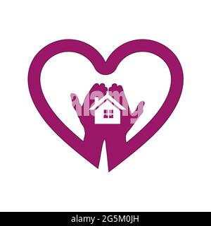 Main avec la maison en coeur icône logo Illustration de Vecteur