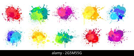 Éclaboussures de peinture. Peintures en aérosol colorées éclaboussures, taches d'encre de couleur arc-en-ciel, gouttes, taches. Ensemble de couleurs vectorielles de couleurs de grunge abstraites. Mélange d'inkblots liquides brillants isolé sur blanc Illustration de Vecteur