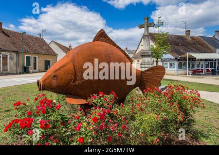 Sculpture de carpe métallique (par l'artiste CX) au centre de Michel-en-Brenne, Indre (36), France. Banque D'Images