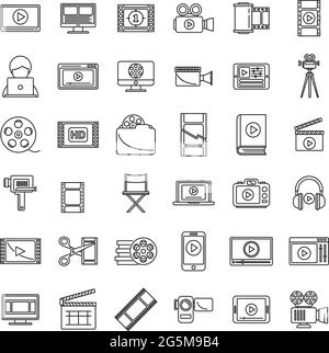 Les icônes d'édition vidéo en ligne définissent le vecteur de contour. Lecteur d'écran vidéo Illustration de Vecteur