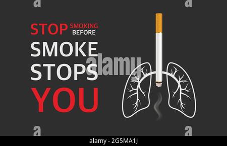 Vector 3d cigarette réaliste, poumons, fumée et citation sur fond noir. 31 mai Journée mondiale sans tabac. Sensibilisation à l'interdiction de fumer. Arrêtez de fumer Illustration de Vecteur