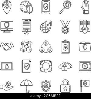 Les icônes de principes de fiabilité définissent le vecteur de contour. Confiance des clients sur les réseaux sociaux Illustration de Vecteur