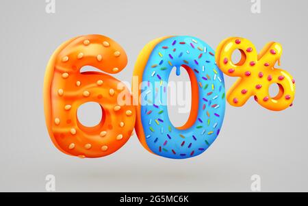 60 % de réduction. Réduction sur la composition du dessert. symbole de méga solde 3d avec numéros de beignets doux volant. Bannière ou affiche de vente. Illustration vectorielle Illustration de Vecteur