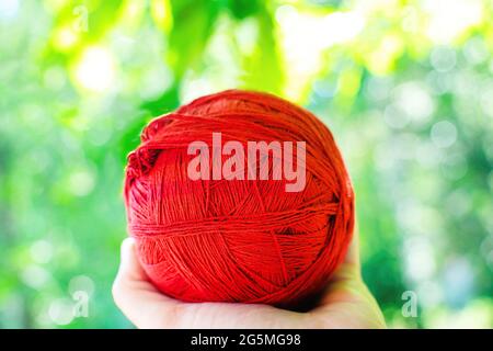 Balle de fil rouge dans la main de la fille sur fond vert. Tricoter le fil de laine. Banque D'Images