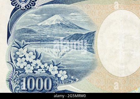 Gros plan sur le mont Fuji et les cerisiers en fleurs au verso de la banque japonaise One Thousand yen (Yen 1000) série E. Banque D'Images