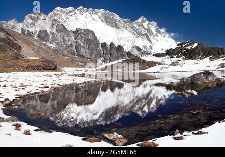 Vue panoramique de Lhotse et Nuptse face sud de roche miroir dans le petit lac sur le chemin du camp de base de l'Everest - Parc national Sagarmatha - Népal Himalay Banque D'Images