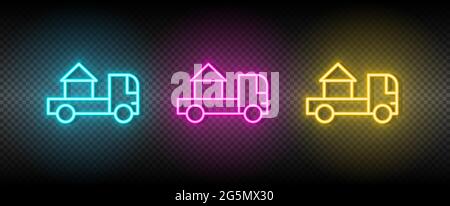 Immobilier vecteur maison, déménagement, relocalisation. Illustration bleu néon, jaune, rouge ensemble d'icônes. Illustration de Vecteur