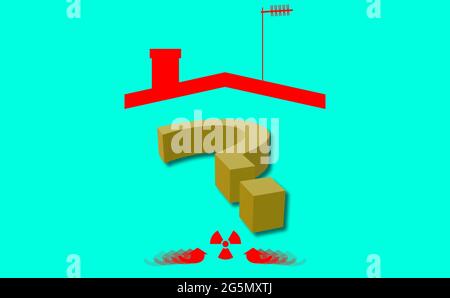 Point d'interrogation.LE RADON, un contaminant qui affecte la qualité de l'air intérieur.Carte, silhouette d'une maison, toit, cheminée, antenne et flèches de direction blanches. Banque D'Images