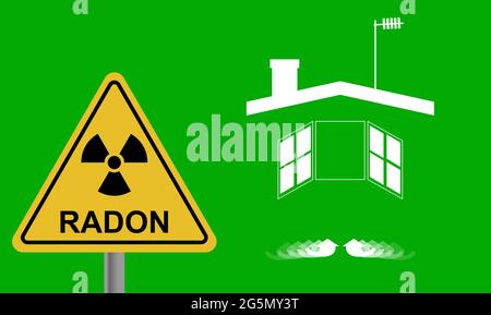 Silhouette de maison, toit, cheminée et antenne.Signal d'alerte, danger.LE RADON, un contaminant qui affecte LA QUALITÉ DE L'AIR INTÉRIEUR dans le monde entier.Gaz noble. Banque D'Images