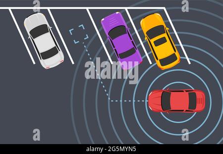 Vue autonome du capteur de voiture intelligent de stationnement. Sécurité de conduite de l'aide au stationnement automobile Illustration de Vecteur