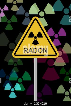 SIGNAL D'ALERTE DANGER CONTAMINATION PAR LE RADON.Un contaminant qui affecte la qualité de l'air intérieur dans le monde entier.Rayonnement de fond.Incolore.Gaz noble. Banque D'Images