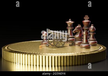 Vieux canon rouillé sur un chariot et des boules de canon sont placées à côté. Il y a des échecs sur une pièce d'or sur fond noir foncé. Le concept de l'entreprise Banque D'Images