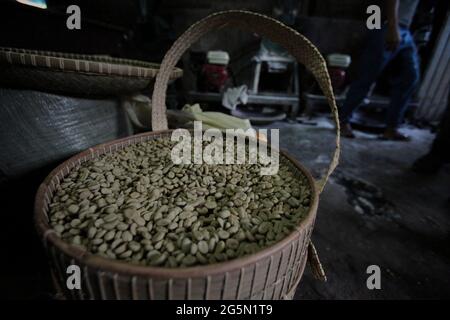 Grains de café non torréfiés à un fournisseur de café Toraja à Rantepao, North Toraja, South Sulawesi, Indonésie. Banque D'Images