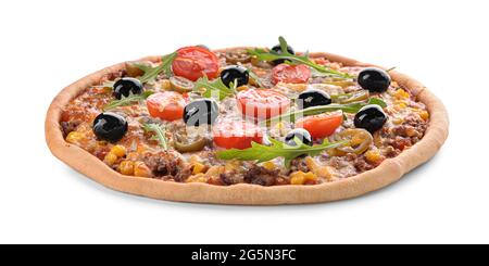 Pizza savoureuse sur fond blanc Banque D'Images