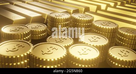 illustration de rendu 3d barres d'or et pièces d'or dollar isolées sur fond noir Banque D'Images