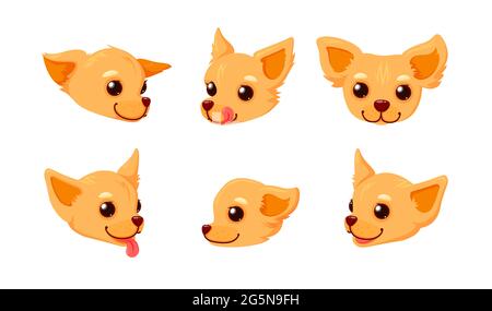 Chihuahua visage souriant avec la langue. Tête d'un chiot isolé sur fond blanc. Illustration vectorielle dans un joli style de dessin animé Illustration de Vecteur