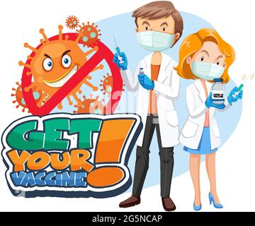 Obtenez votre bannière de police de vaccin avec l'illustration de personnage de dessin animé de médecin Illustration de Vecteur