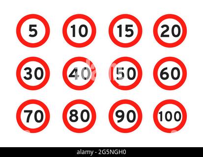 Limite de vitesse 5, 10, 15, 20, 30, 40, 50, 60, 70, 80, 90, 100 route ronde icône de signalisation plate style design vecteur illustration ensemble isolé sur blanc ba Illustration de Vecteur