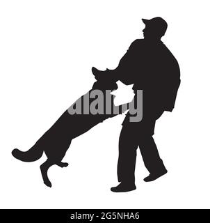 Chien de police en entraînement silhouette noire sur fond blanc. Berger allemand dressage agressif de chiens obéissance. Détail de la douille de morsure K9. Vue latérale. V Illustration de Vecteur