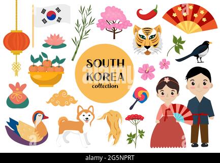 Corée du Sud ensemble d'objets. Collection nationale coréenne d'éléments de conception avec des symboles traditionnels. Illustration vectorielle Illustration de Vecteur