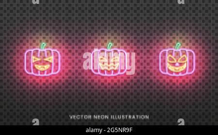 Panneau néon citrouilles d'Halloween. Ensemble de lanternes lumineuses Jack O pour Halloween Illustration de Vecteur