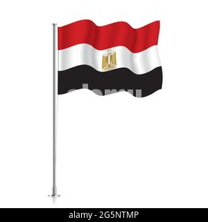 Drapeau égyptien sur un poteau métallique. Le drapeau officiel de l'Égypte, isolé sur fond blanc. Illustration de Vecteur