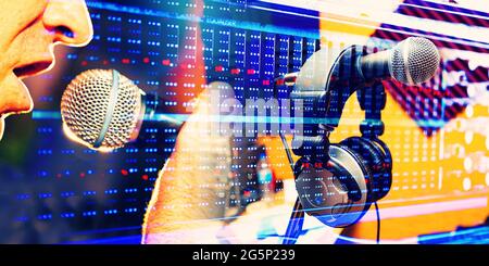 Mélangeur audio professionnel en gros plan chez un ingénieur du son et des musiciens qui produisent de la musique dans un studio d'enregistrement professionnel Banque D'Images