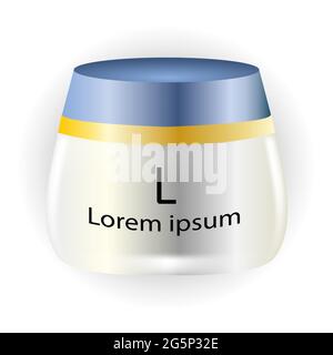 Pot à cosmétiques blanc réaliste en plastique pour la crème. Illustration vectorielle isolée. Flacon rond brillant avec une bande dorée sur le couvercle. Vue avant de l'emballage Illustration de Vecteur