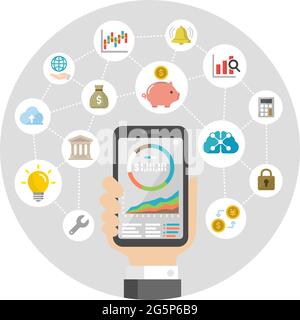 Investissement mobile ( robot Advisor, fin TECH apps ) illustration de bannière ronde Illustration de Vecteur
