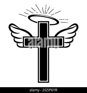 Croix de crucifix avec ailes d'ange et gloria - élément de conception vectoriel écrit à la main en forme de croix. Encre chrétienne. Affiche typographique. Tatouage. Illustration de Vecteur