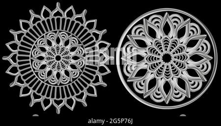 Mandala argenté sur fond noir. Décoration ronde Mandala argent motif ethnique tribal élément décoratif pour la conception de cartes. Arrière-plan abstrait vectoriel Illustration de Vecteur