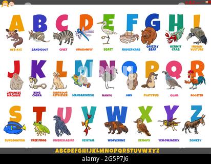 Illustration de dessin animé pédagogique de l'alphabet coloré avec des personnages et des légendes d'animaux de bande dessinée Illustration de Vecteur