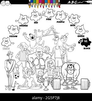 Dessin animé éducatif noir et blanc illustration des couleurs de base pour les enfants avec groupe d'athlètes de diverses disciplines coloriage livre page Illustration de Vecteur