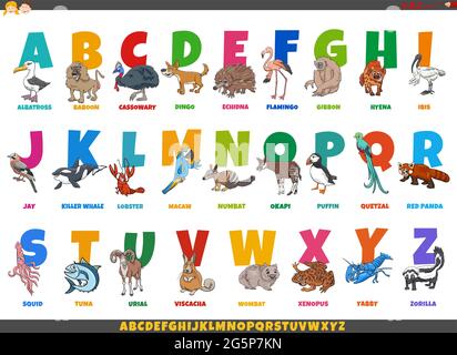 Illustration de dessin animé pédagogique de l'alphabet coloré avec des personnages et des légendes d'animaux amusants Illustration de Vecteur