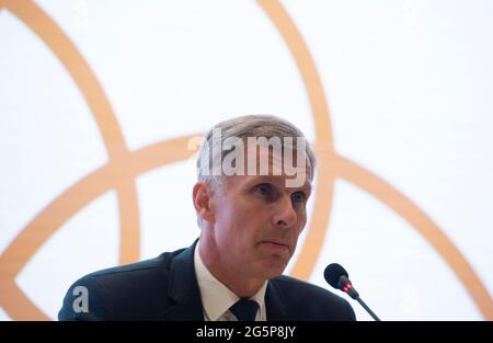 Prague, République tchèque. 29 juin 2021. Jiri Kejval, président du Comité olympique tchèque, prend la parole après la session plénière du Comité olympique tchèque (COV) pour approuver les candidatures aux Jeux Olympiques à Tokyo, Prague, République tchèque, le 29 juin 2021. Crédit : Katerina Sulova/CTK photo/Alamy Live News Banque D'Images