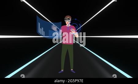 Jeune homme portant des lunettes de réalité virtuelle dans le tunnel lumineux au néon. Homme souriant utilisant un casque VR pour déplacer un objet. Arrière du rendu 3D Banque D'Images