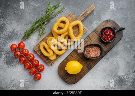 Rondelles de calmar ou oignon dans un ensemble d'ingrédients de chapelure, sur le plateau de service, sur fond de table en pierre grise, plan à plat avec vue du dessus Banque D'Images