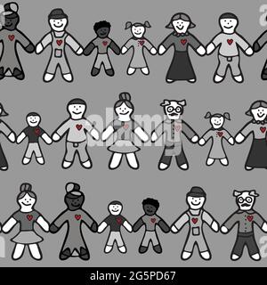 Motif vectoriel transparent avec des personnes tenant la main sur fond gris. Les humains simples aiment la conception de papier peint. Art de vivre en famille harmonie Illustration de Vecteur