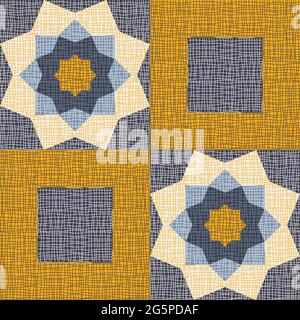 Motif vectoriel sans couture avec mosaïque de fleurs carrées texturées sur fond bleu. Papier peint style boho gitan décoratif. Courtepointe à motif fleuri vintage. Illustration de Vecteur