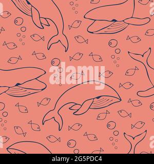 Motif vectoriel sans couture avec baleines et poissons sur fond rose. Joli papier peint sous-marin simple. Art de ligne avec éléments de mer. Illustration de Vecteur