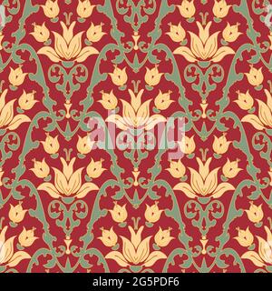 Papier peint vintage sans couture avec nénuphars blancs sur fond rouge foncé. Motif fleuri à motif vectoriel répété style victorien. Illustration de Vecteur