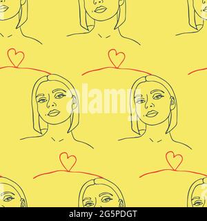 Motif vectoriel sans couture avec des femmes sur fond jaune. Simple papier peint amour avec les gens. Textile de mode d'art de ligne. Illustration de Vecteur